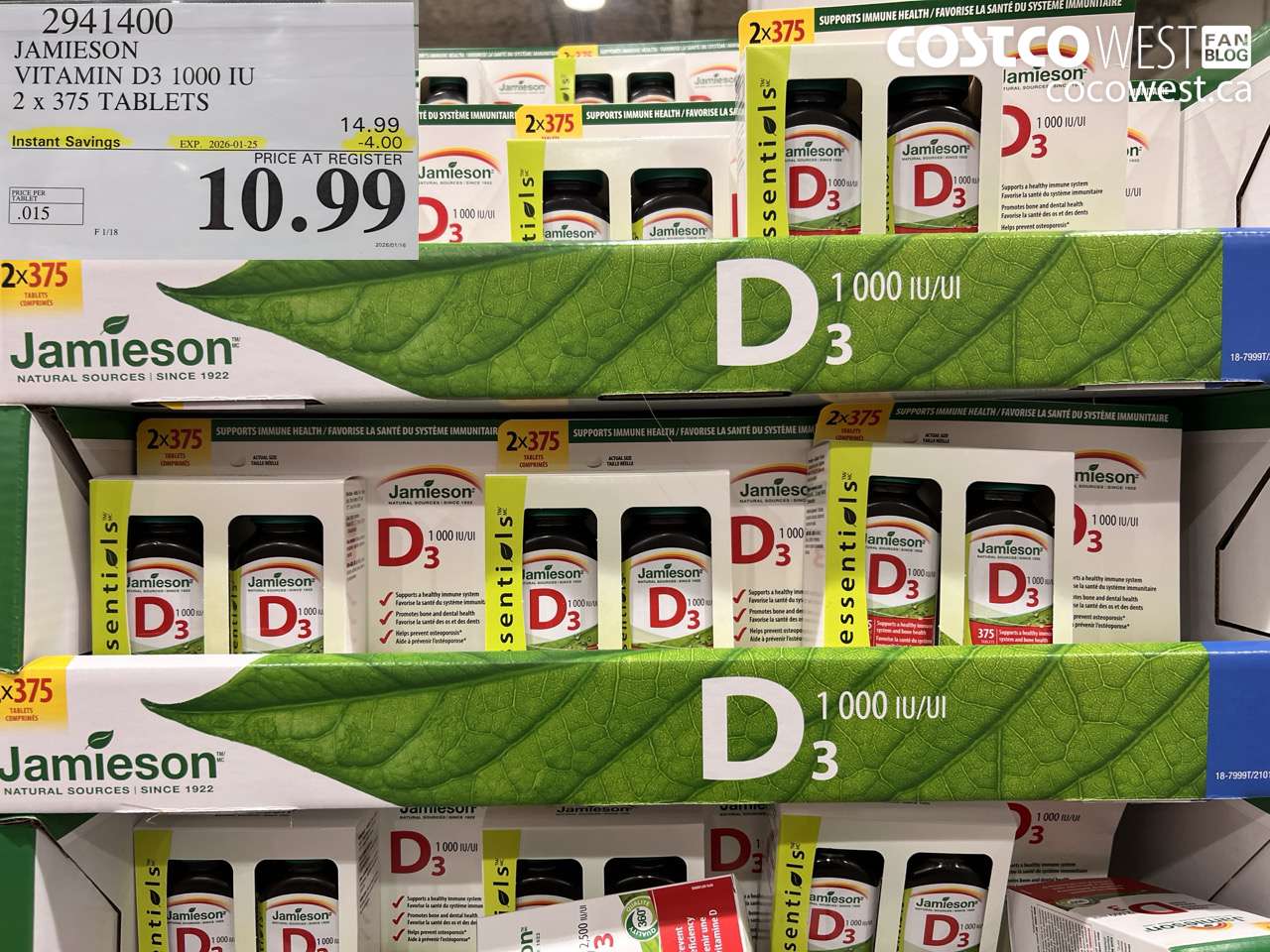 JAMIESON VITAMIN D3 1000IU 2X375 TABLETS