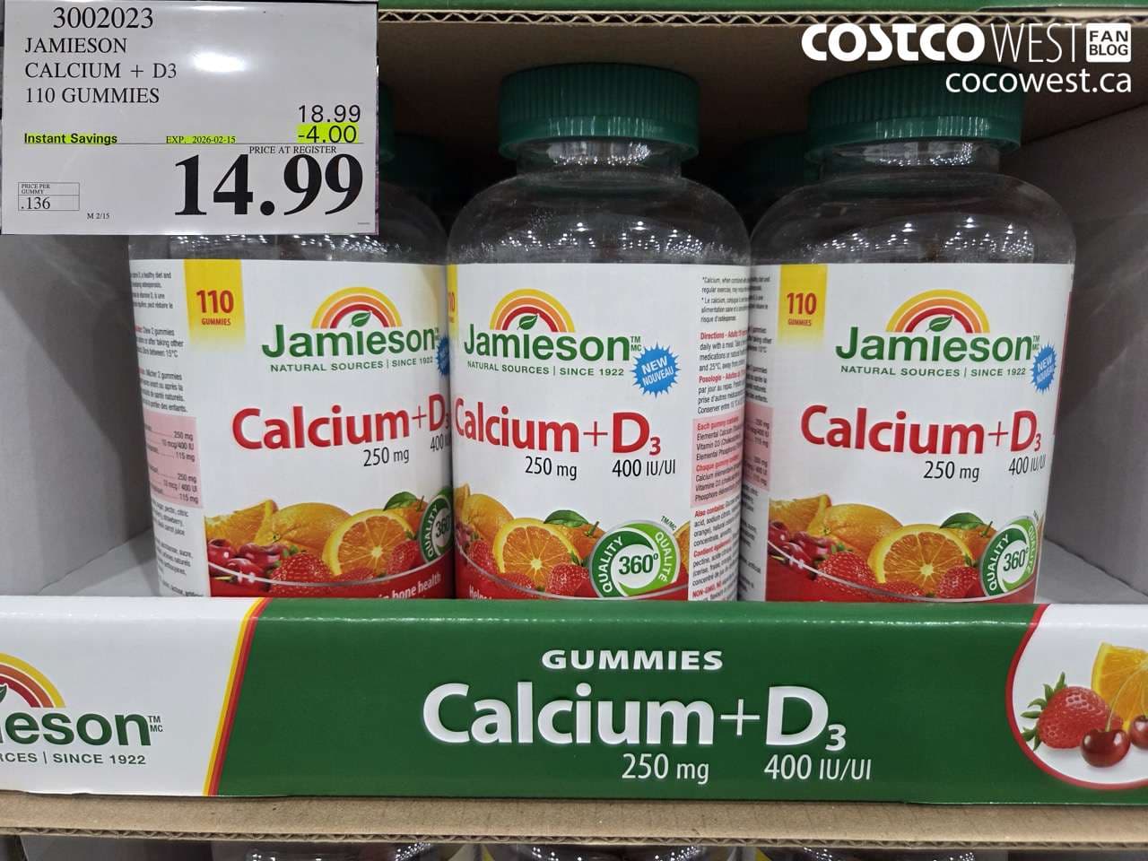 JAMIESON CALCIUM 250MG + D3 400IU 110 GUMMIES