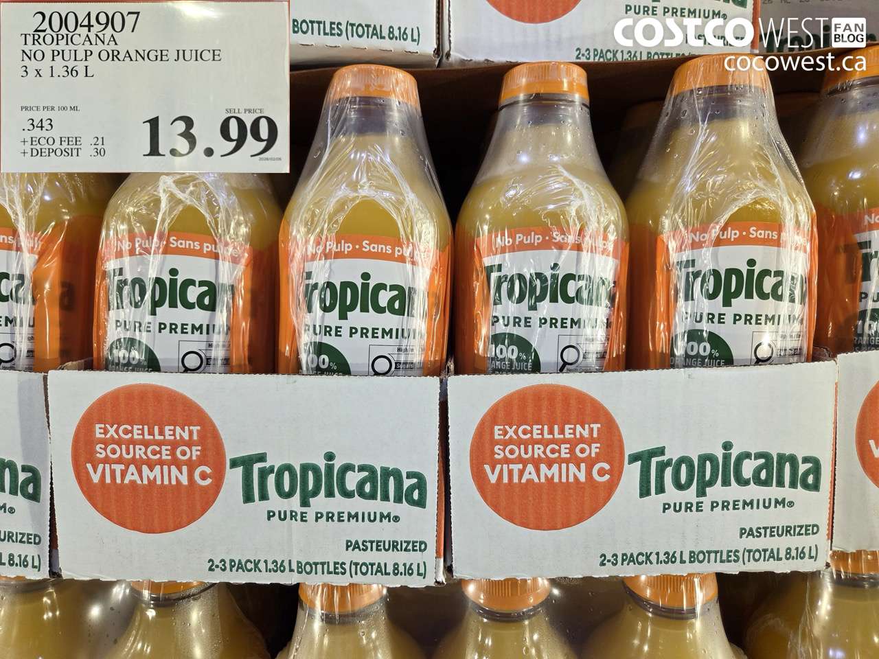 TROPICANA NO PULP ORANGE JUICE 3 x 1.36 L