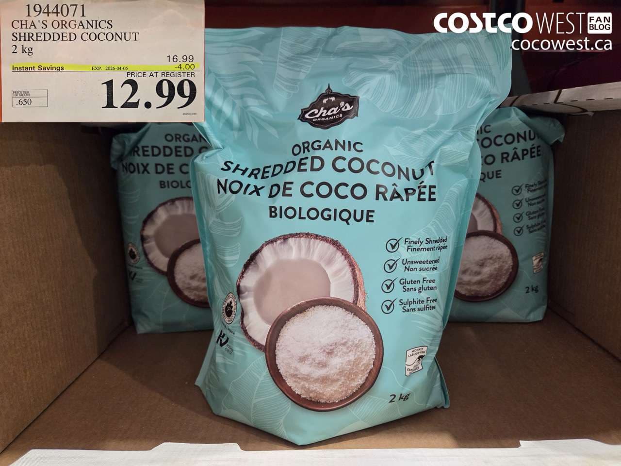 CHA’S ORGANICS SHREDDED COCONUT 2 KG