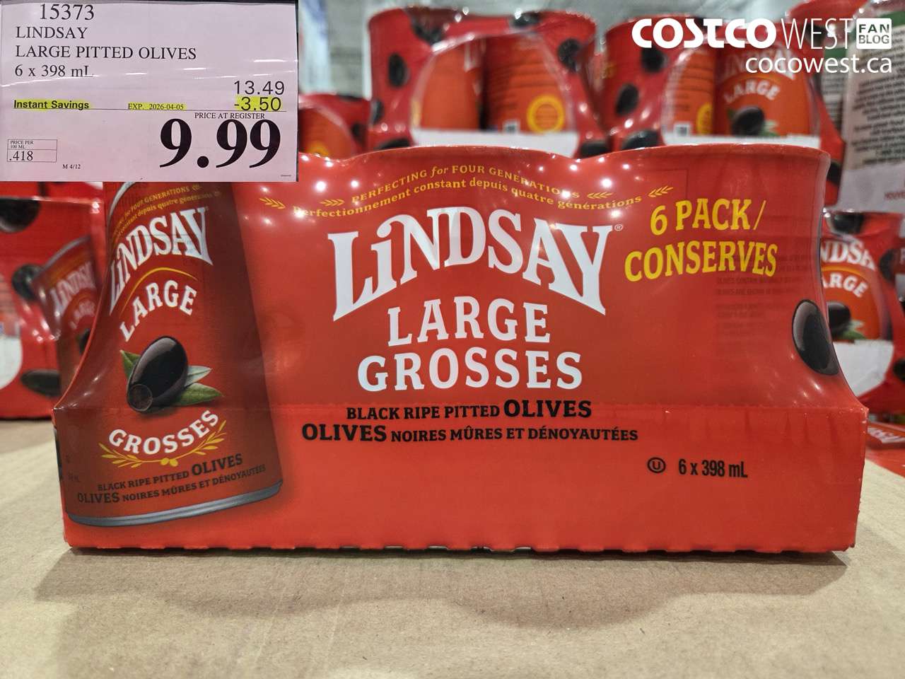 LINDSAY LARGE PITTED OLIVES 6 X 398ML