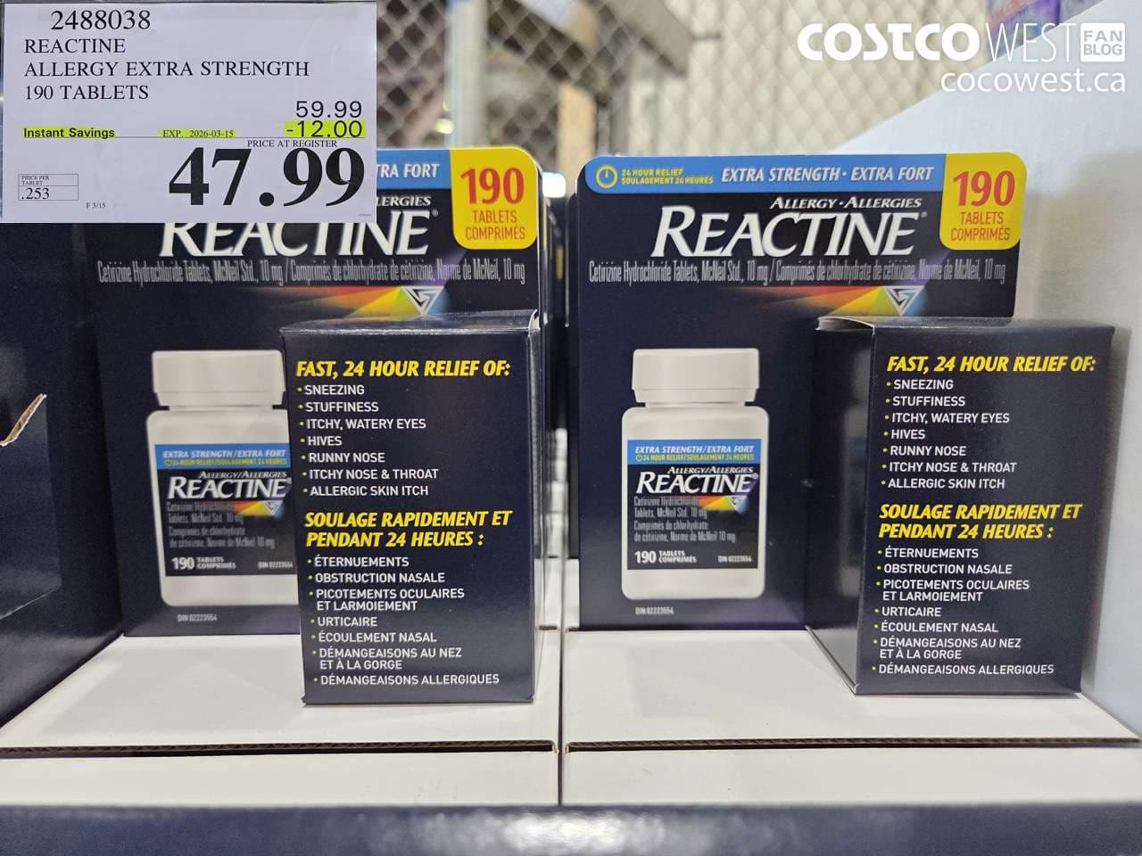 REACTINE ALLERGY EXTRA STRENGTH 190 TABLETS