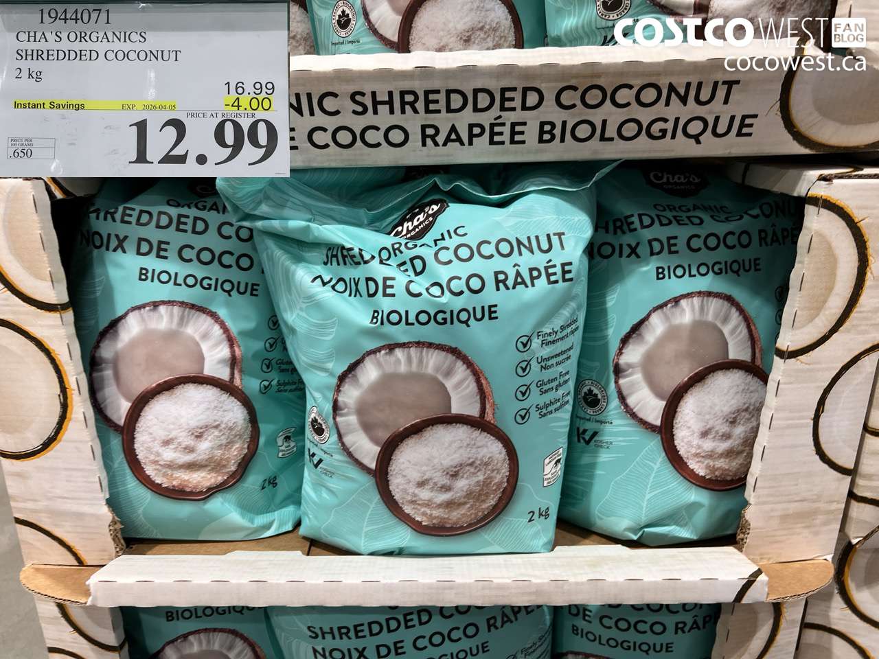 chas organics shredded coconut 2 kg