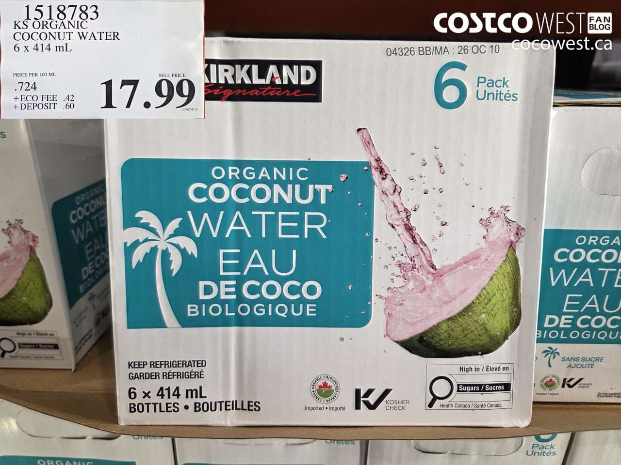ks organic coconut water 6 x 414 ml