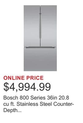 Bosch 800 Series 36in 20.8 cu ft. Stainless Steel Counter-Depth French 3-Door Refrigerator with Interior Water Dispenser